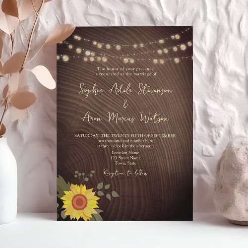 Sunflower Rustic Wood String Lights Wedding Invitation