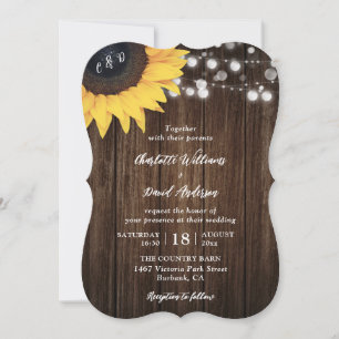 Sunflower Rustic Wood String Lights Wedding Invitation