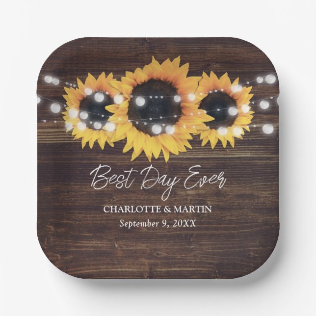 Sunflower Rustic Wood String Lights Wedding Paper Plates (Front)