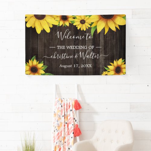 Sunflower Rustic Wood String Lights Wedding Party Banner