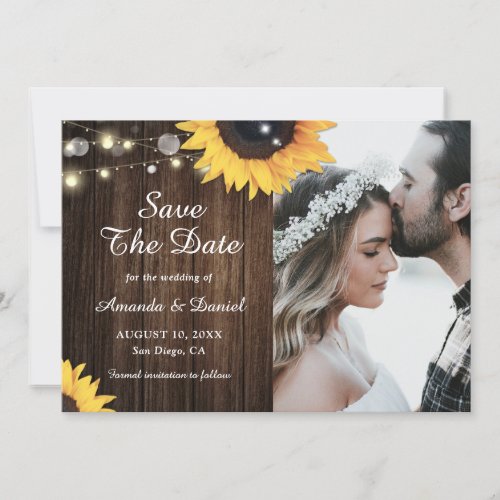 Sunflower Rustic Wood String Lights Wedding Photo Save The Date