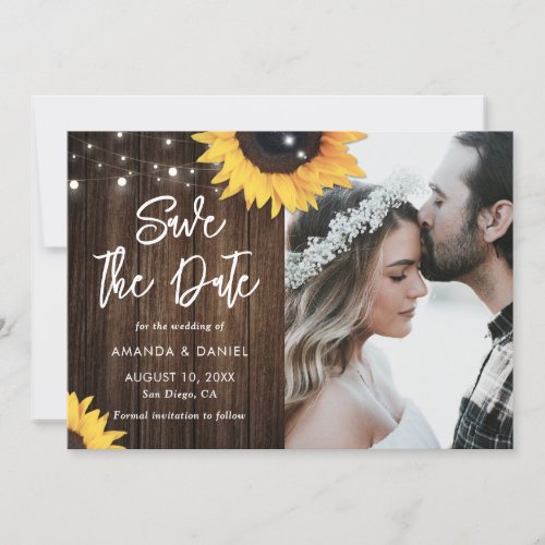 Sunflower Rustic Wood String Lights Wedding Photo Save The Date