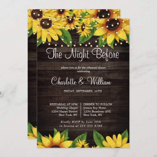 Sunflower Rustic Wood String Rehearsal Dinner Invitation