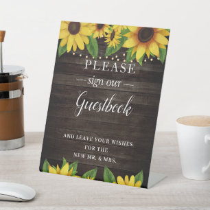 Sunflower Rustic Wood String Wedding Guestbook Pedestal Sign