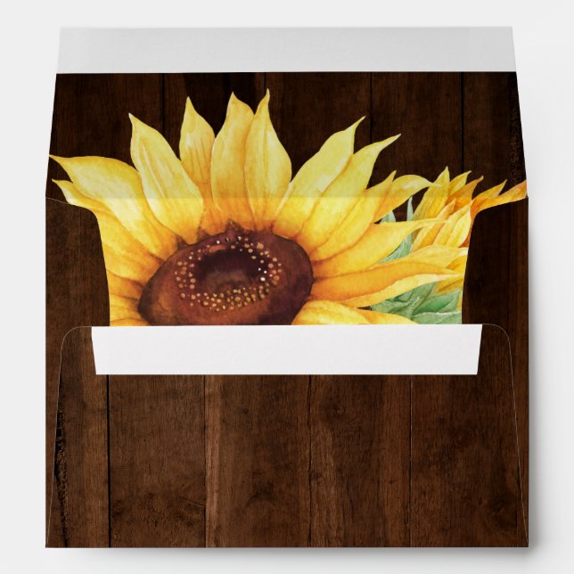 Sunflower Rustic Wood Watercolor Wedding Envelope (Back (Bottom))