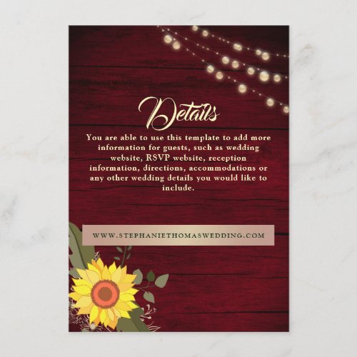 Sunflower Rustic Wood Wedding Details Website Enclosure Card