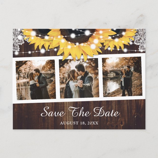 Sunflower Rustic Wood Wedding Photo Save The Date Announcement Postcard (Front)