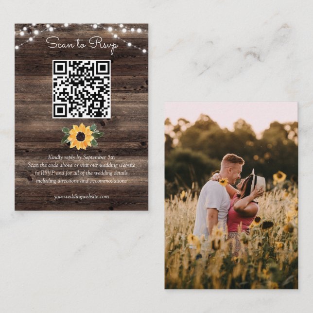 Sunflower Rustic Wood Wedding QR Code RSVP Enclosure Card (Front/Back)
