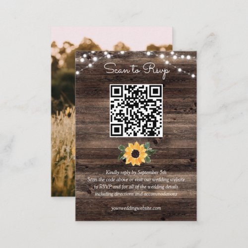 Sunflower Rustic Wood Wedding QR Code RSVP Enclosure Card