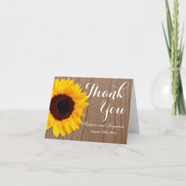 Sunflower Rustic Wood Wedding Thank You Card (Front)