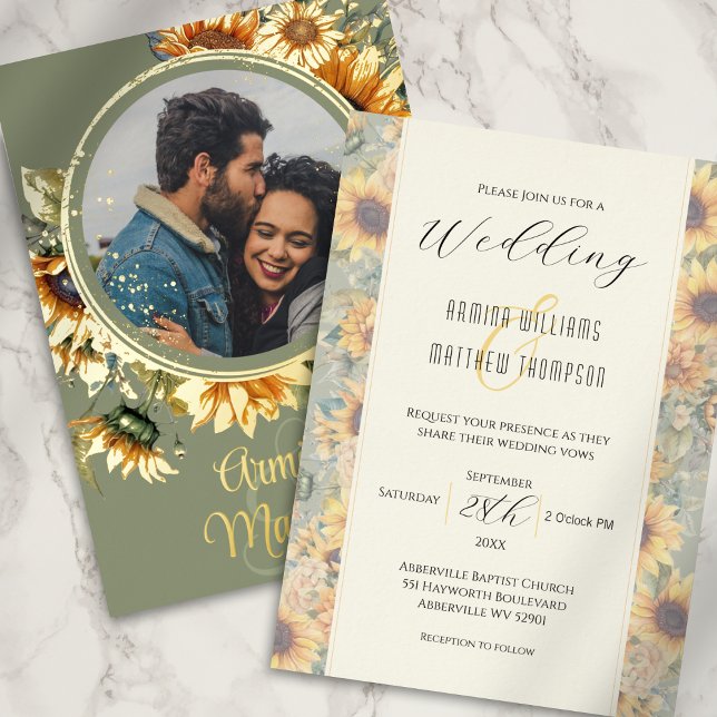 Sunflower Sage Green Custom Photo Wedding Foil Invitation (Creator Uploaded)