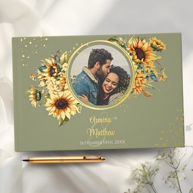 Sunflower Sage Green Elegant Photo Gold Foil Guest Book (Creator Uploaded)