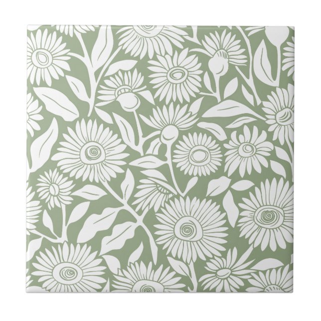  Sunflower Sage Green Minimal Monochrome Ceramic Tile (Front)