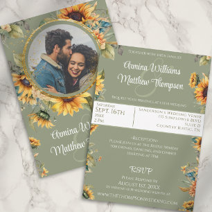 Sunflower Sage Green Photo Wedding With RSVP Invitation