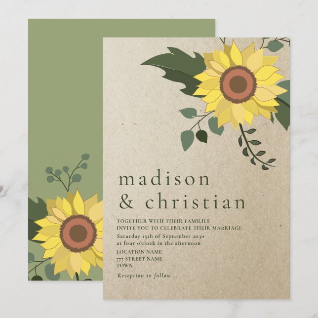 Sunflower Sage Green Rustic Wedding Invitation (Front/Back)