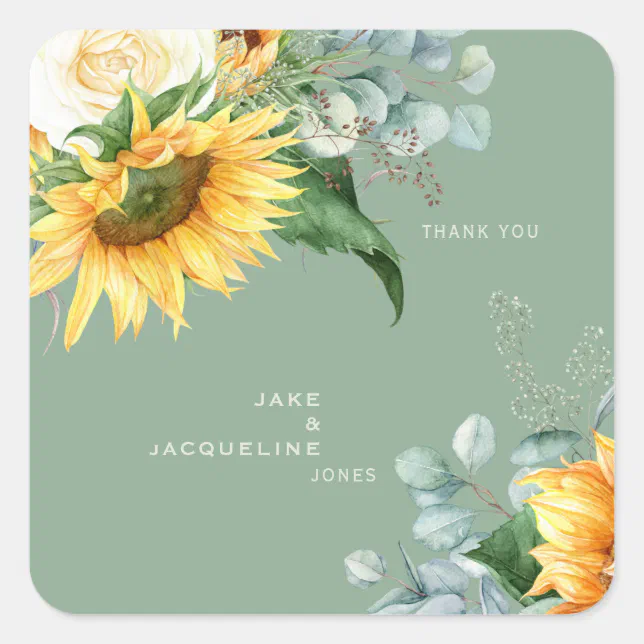 Sunflower Sage Wedding Thank You Square Sticker | Zazzle