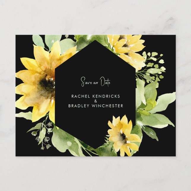 Sunflower Save Our Date Black Wedding Black Announ Announcement Postcard (Front)