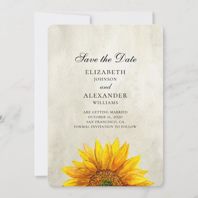 Sunflower save the date. Rustic wedding. Country Date (Front)