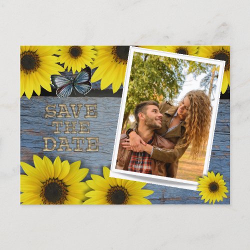 Sunflower Save The Date Wedding  Dusty Blue Announcement Postcard