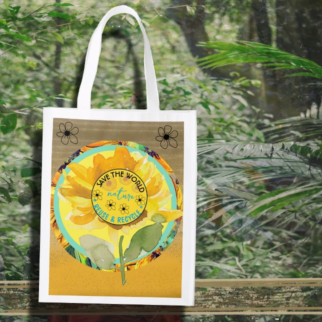 Sunflower Save the world yellow Grocery Bag (Sunflower Save the world yellow Grocery Bag)