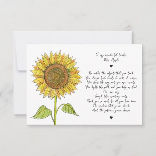   Sunflower  Script Appreciation Poem for Teacher Thank You Card