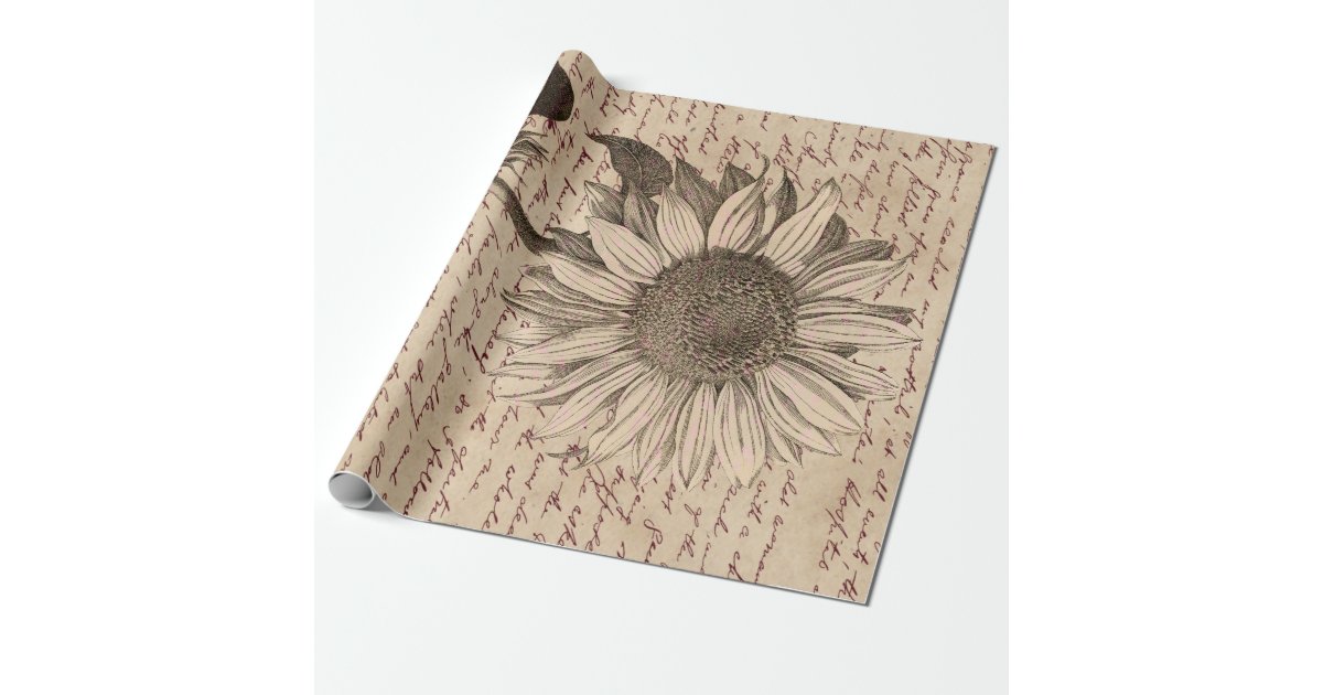 Sunflower Script Ephemera Decoupage Wrapping Paper | Zazzle