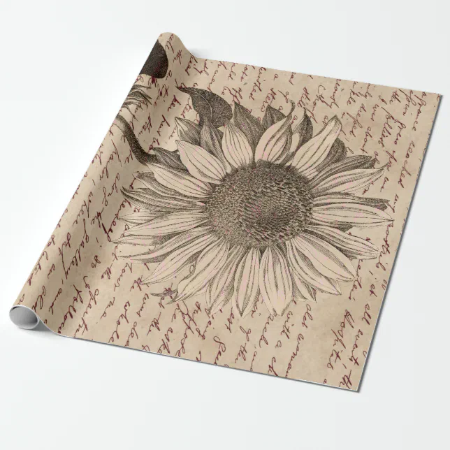 Sunflower Script Ephemera Decoupage Wrapping Paper | Zazzle