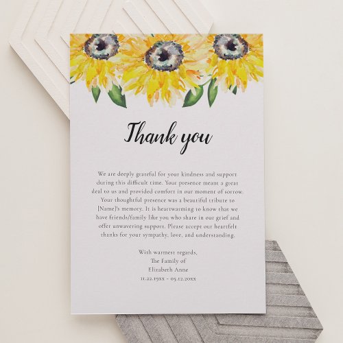 Sunflower Script Funeral Thank you Watercolor