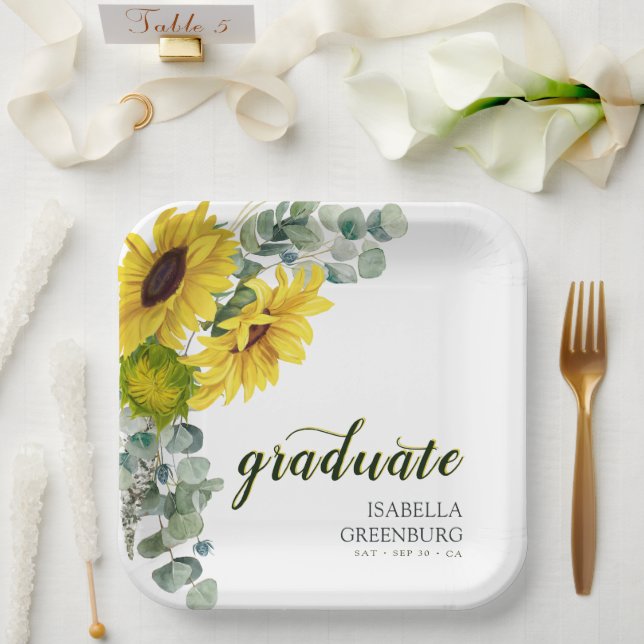 Sunflower Script Graduation Party Paper Plates (Wedding)