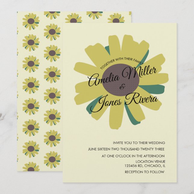  Sunflower Script Greenery Yellow Rustic Wedding  Invitation (Front/Back)