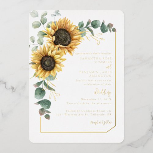 Sunflower Script Wedding Gold Foil Invitation