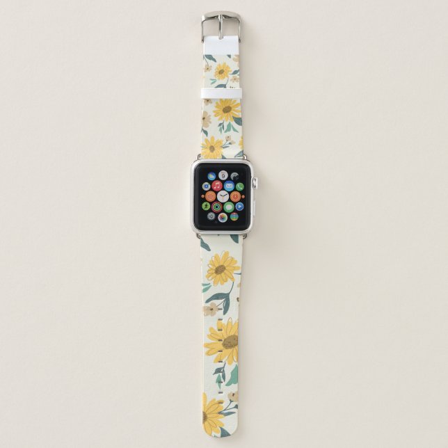 Sunflower seamless pattern. Yellow daisy on off wh Apple Watch Band (Front)