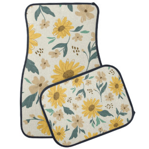 Sunflower seamless pattern. Yellow daisy on off wh Car Floor Mat