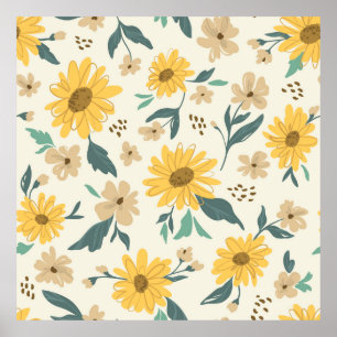 Sunflower seamless pattern. Yellow daisy on off wh Poster