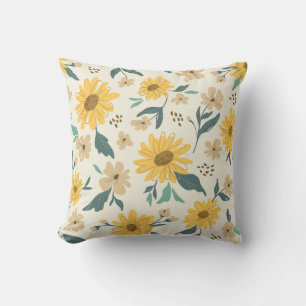 Sunflower seamless pattern. Yellow daisy on off wh Throw Pillow