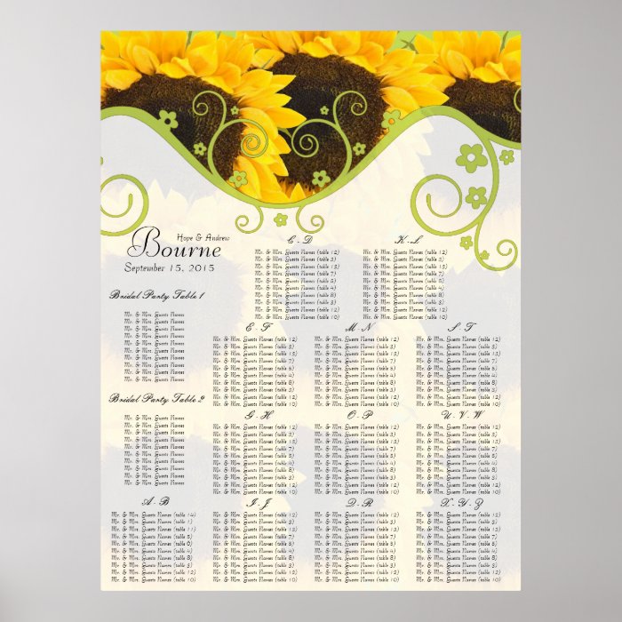 Sunflower Seating Chart Table Numbers Poster