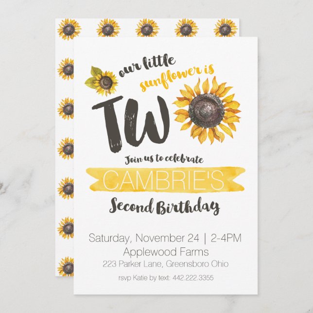 Sunflower Second Birthday Invitation (Front/Back)