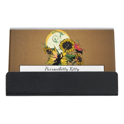 Sunflower Shadow Fairy and Cosmic Cat Desk Business Card Holder
