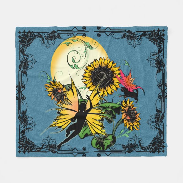 Sunflower Shadow Fairy and Cosmic Cat Fleece Blanket (Front (Horizontal))