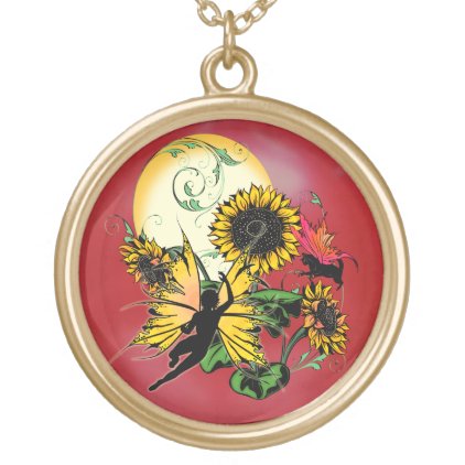 Sunflower Shadow Fairy and Cosmic Cat Gold Plated Necklace