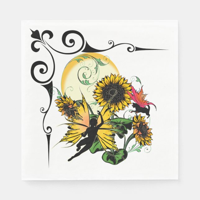 Sunflower Shadow Fairy and Cosmic Cat Paper Napkins (Front)
