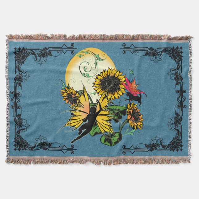 Sunflower Shadow Fairy and Cosmic Cat Throw Blanket (Front)