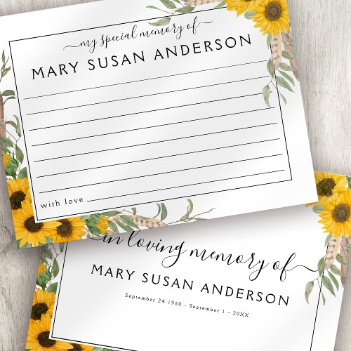Sunflower Share a Memory Funeral Attendance Card