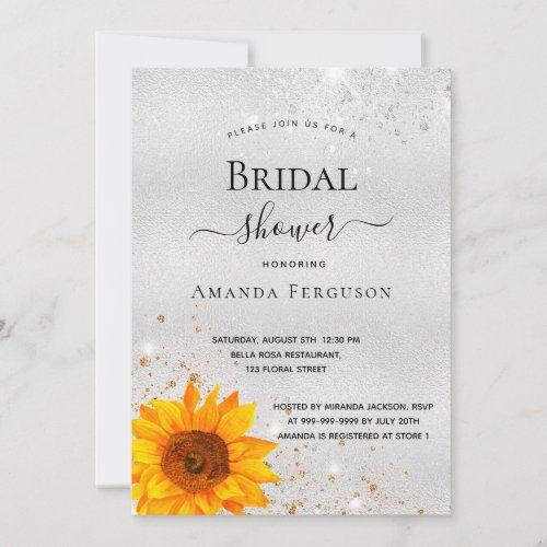 Sunflower silver glitter bridal shower invitation