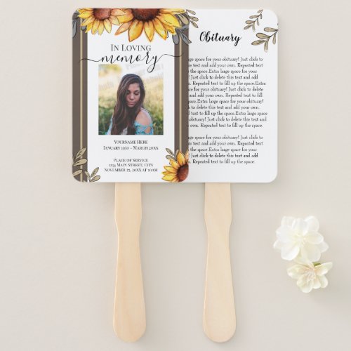 Sunflower Simple Photo Funeral Obituary Keepsake Hand Fan