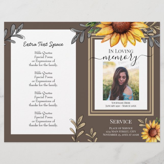 Sunflower Simple Photo Funeral Program Budget (Front)