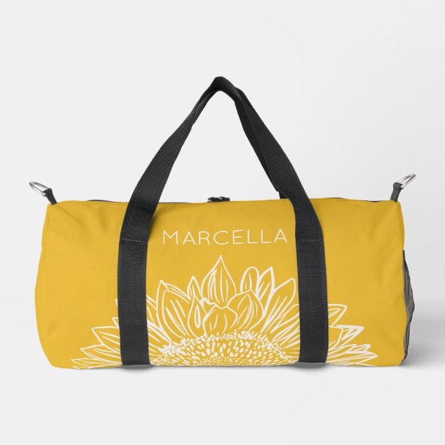 Sunflower Sketch Modern Custom Name Duffle Bag (Front)