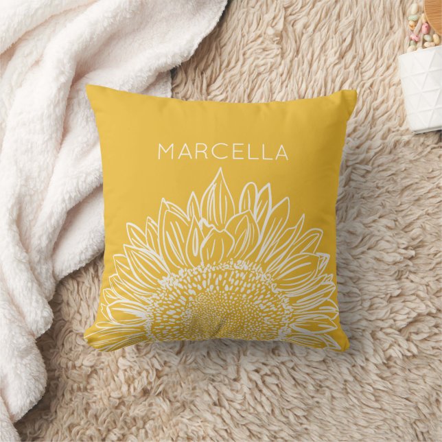 Sunflower Sketch Modern Custom Name Throw Pillow (Blanket)