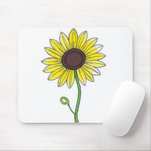 Sunflower Sketch On White Mouse Pad