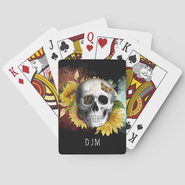 Sunflower Skull Monogram Poker Cards (Back)